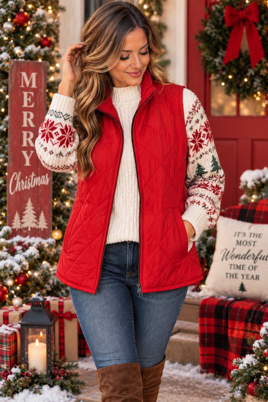 Coldwater Creek Red Quilted Vest Women’s XL Zip Front Puffer Winter